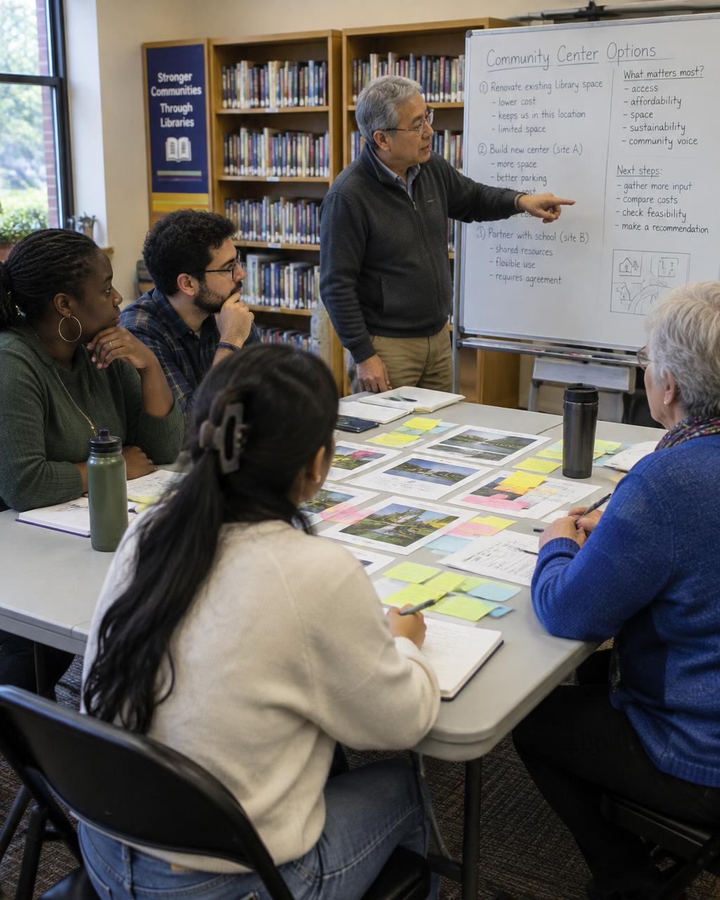 A community group weighs options on a whiteboard and sticky notes around a library table