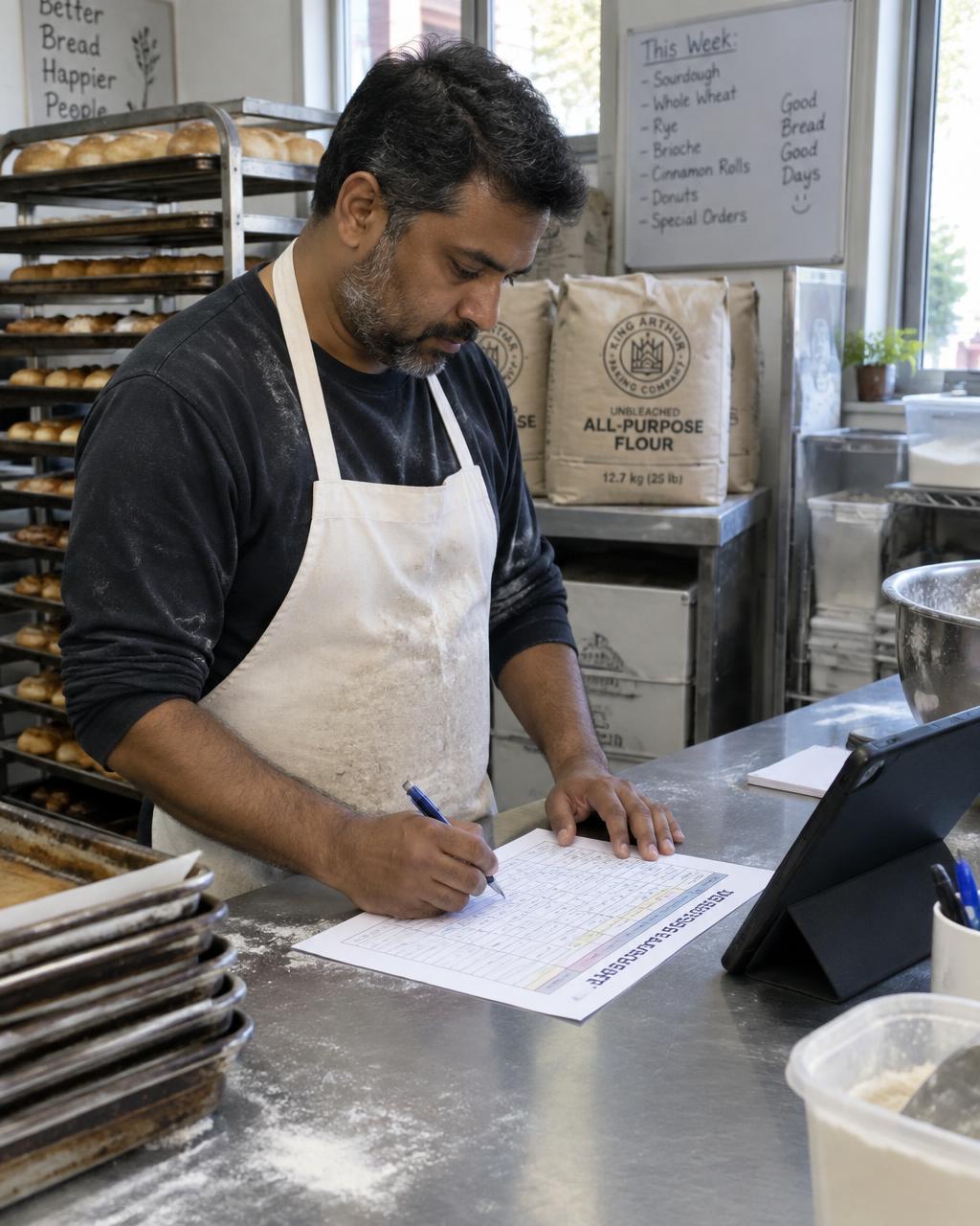 A bakery owner marks up his weekly schedule by hand beside a tablet