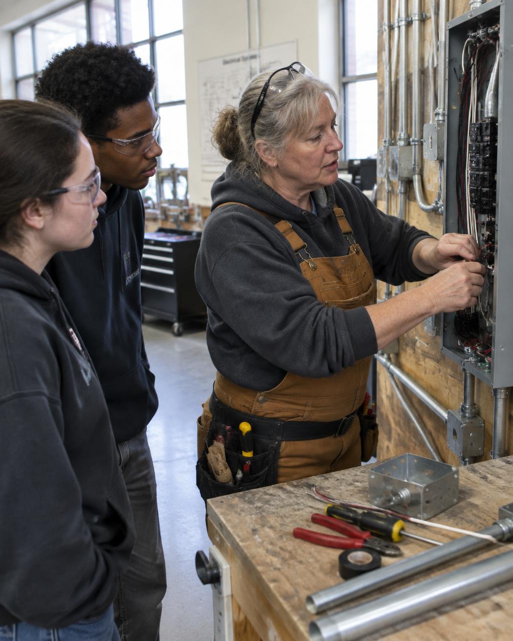 An experienced electrician shows two apprentices how she wires a panel