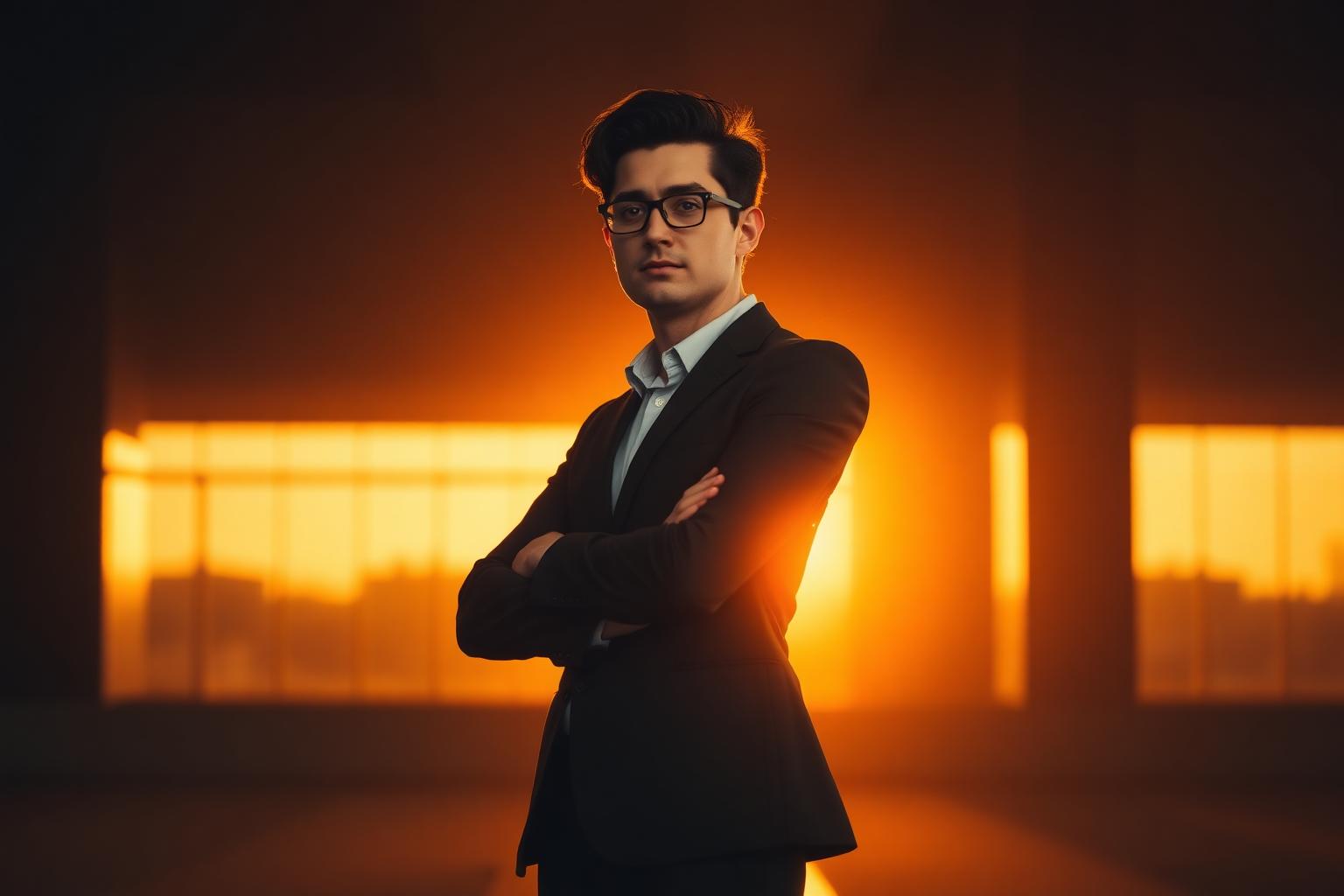 Professional standing tall in golden light