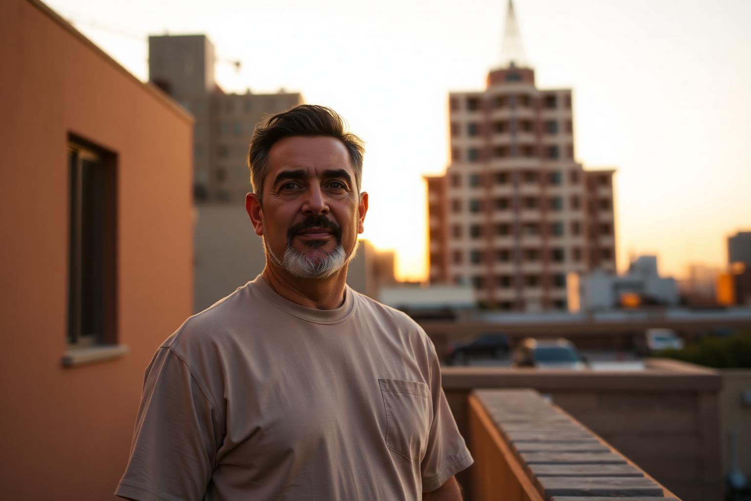 Founder standing tall on a rooftop at sunset
