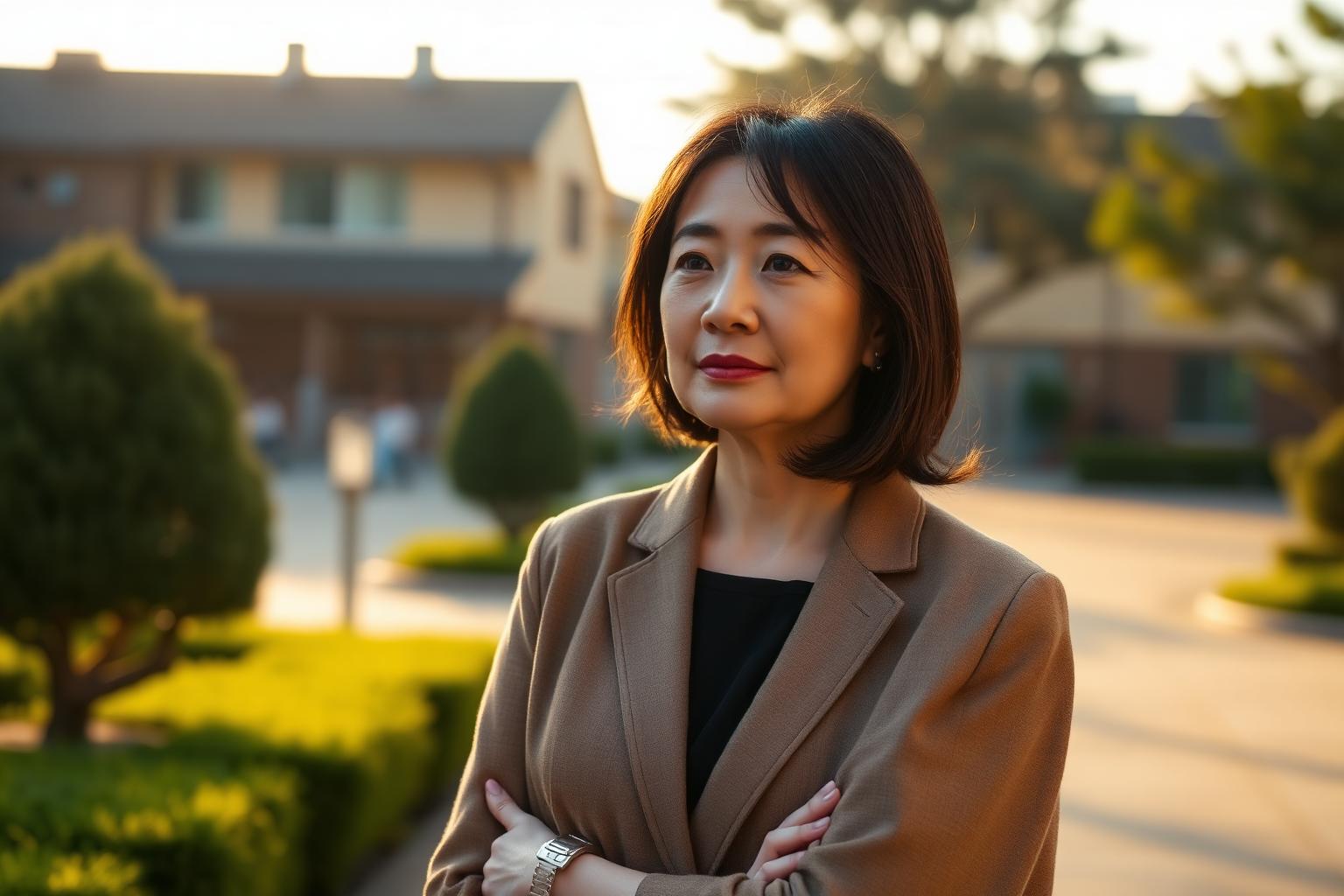 Principal standing tall in a school courtyard at golden hour