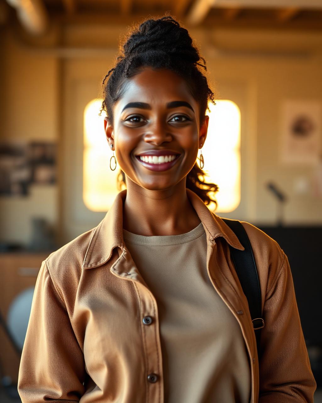 Young creative director standing tall in a studio at golden hour