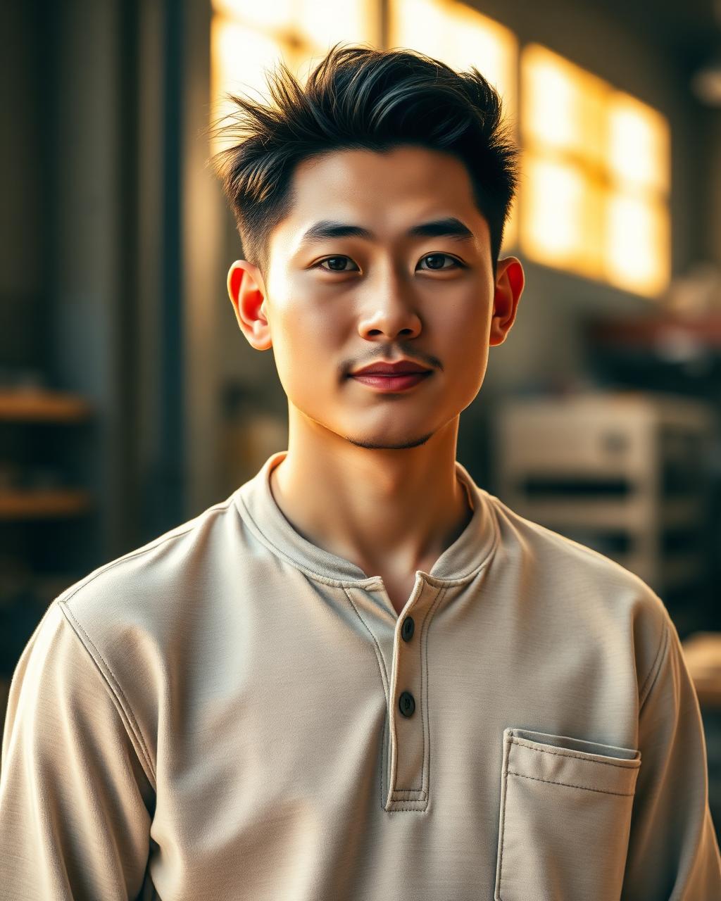 Young engineer and founder standing tall in a workshop