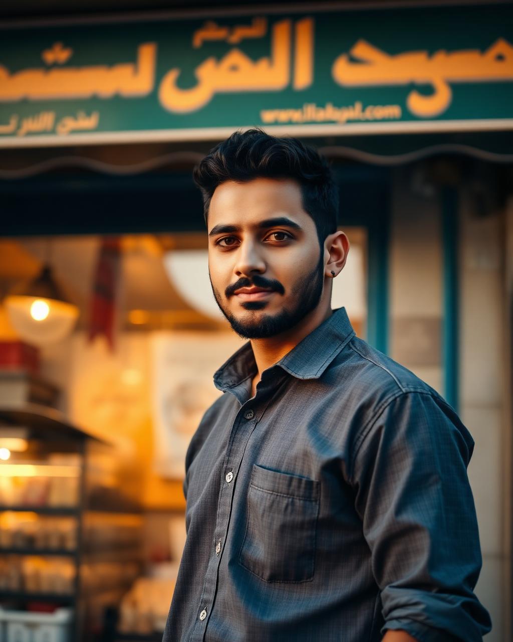 Young small business owner standing tall outside his shop